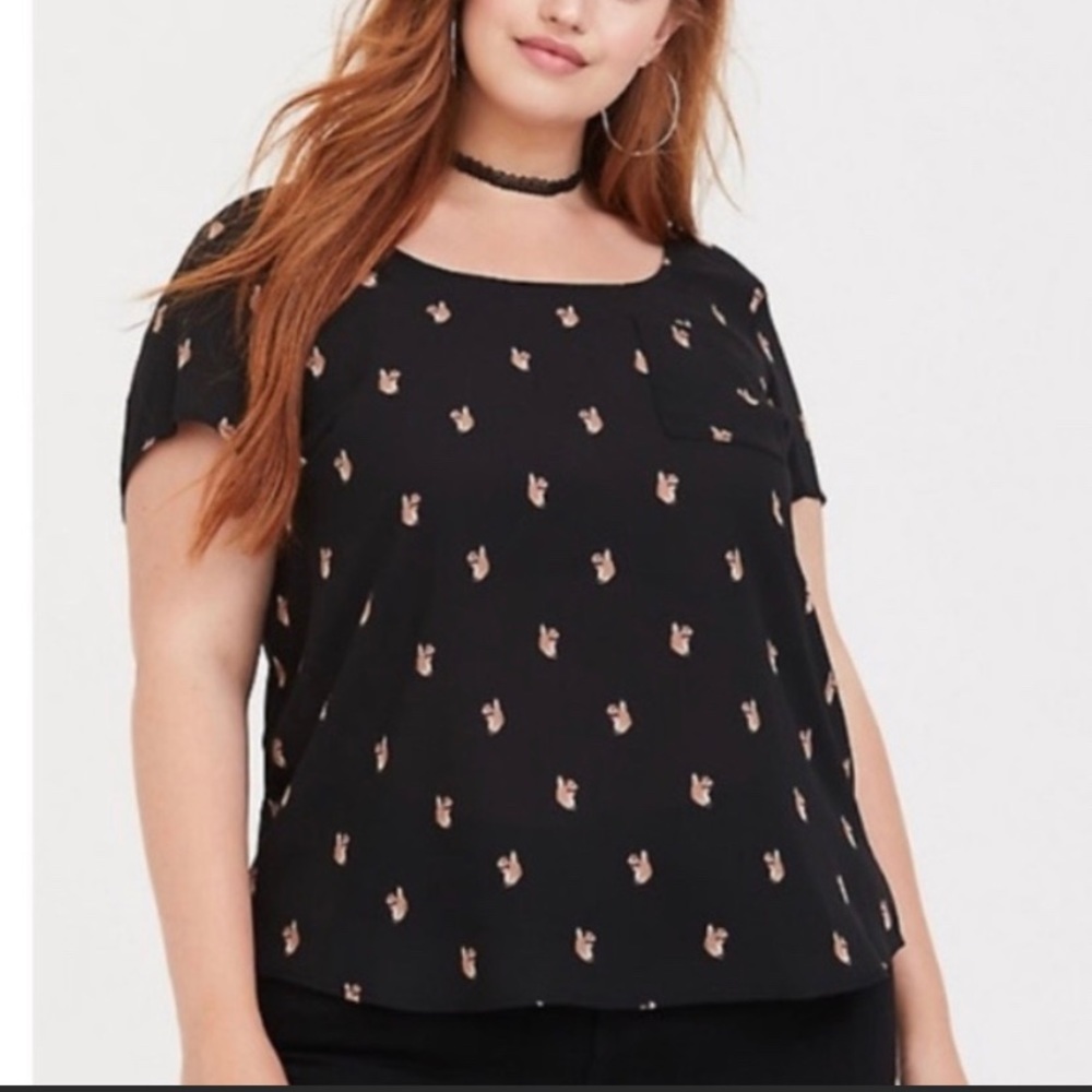 Torrid 1X Sheer Black Blouse with Squirrels Button